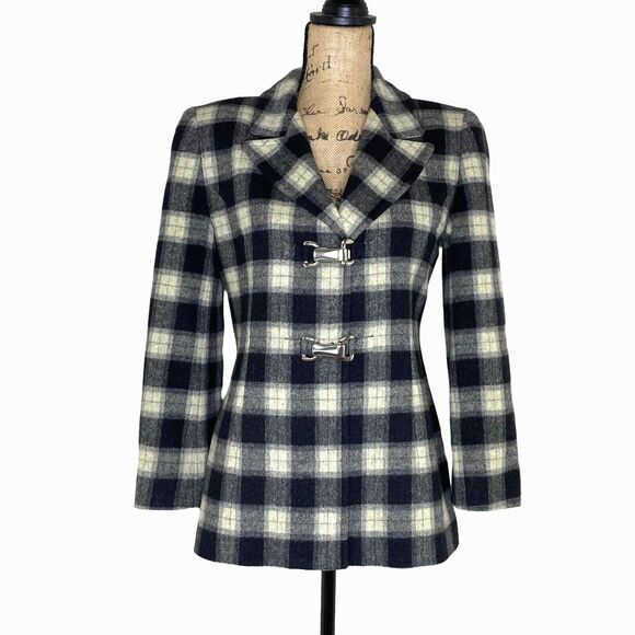 Carlisle Wool Blazer Sz 4 Plaid 90s Preppy Clueless Cher Style Toggle Closure - Picture 1 of 16